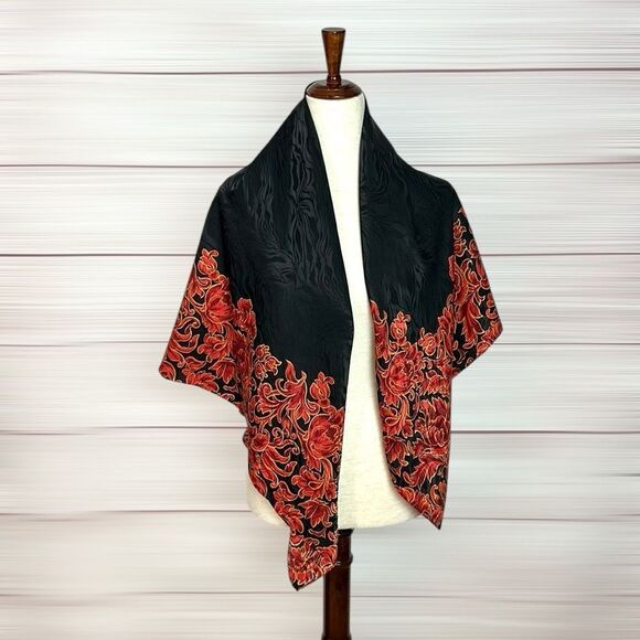 Jeannene Booher Silk Jacquard Scarf Black Red Gold Paisley Floral Hand Rolled - Picture 10 of 14